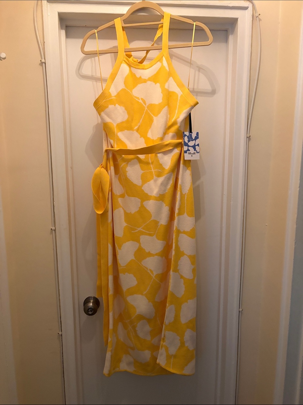 Diane Von Furstenberg Yellow and White Halter Tie-Waist Maxi Dress